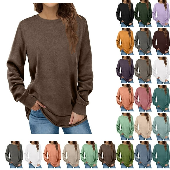SKIYLEVZ Spring Sweatshirts for Women Crewneck Casual Long Sleeve Shirts Tunic Tops Solid Womens Pullover Shirt Comfortable Winter Tops Plus Size S-3XL