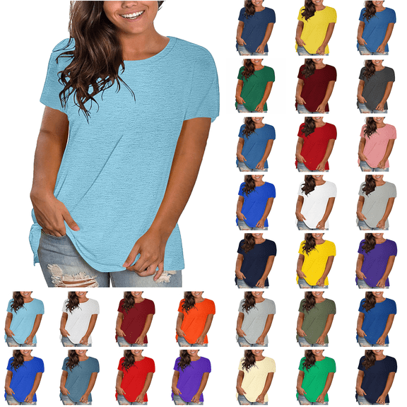 Summer Saving T-shirts for Women Solid Crew Neck Short Sleeve Blouse Loose Tops Lightweight Breathable Summer Beach Fashion Plus Size S-5XL