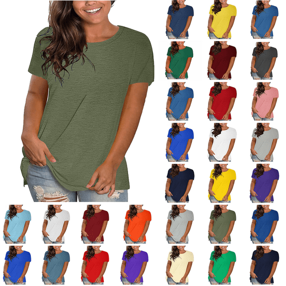 Summer Saving T-shirts for Women Solid Crew Neck Short Sleeve Blouse Loose Tops Lightweight Breathable Summer Beach Fashion Plus Size S-5XL