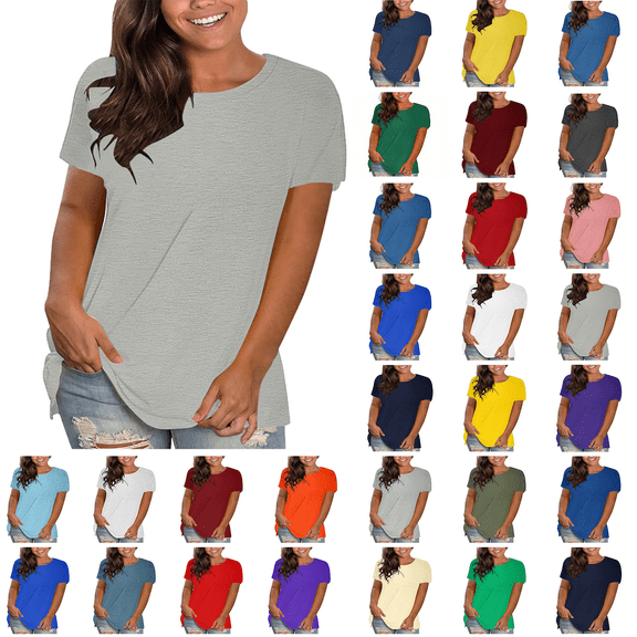 Summer Saving T-shirts for Women Solid Crew Neck Short Sleeve Blouse Loose Tops Lightweight Breathable Summer Beach Fashion Plus Size S-5XL