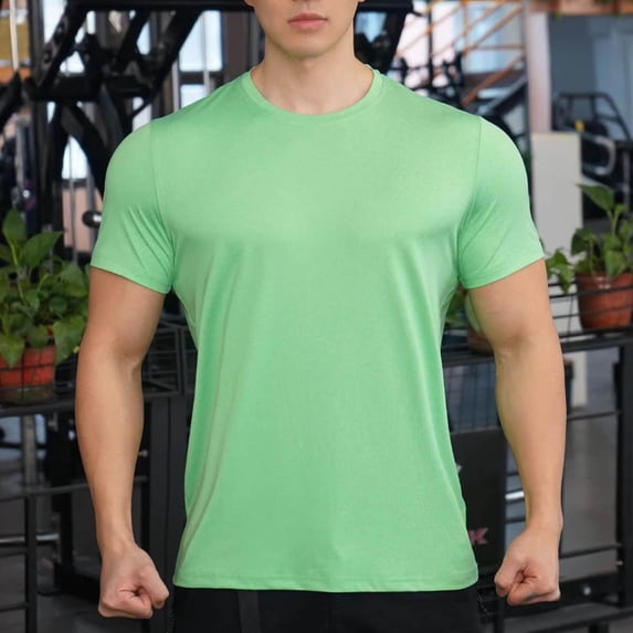 SKIYLEVZ T Shirts for Men Moisture Wicking Round Neck Short Sleeve Breathable Lightweight Slim Fitted Tops Gym Training Workout Everyday Clothing Green XL