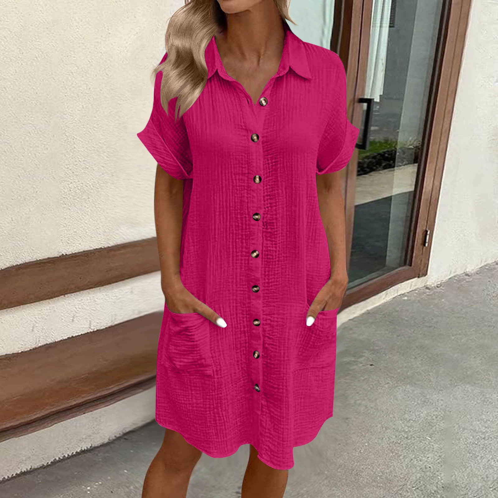 hot pink tunic dress SKIYLEVZ Women's Short Sleeve Button Down Shirt Casual Loose Fit Dress with Pockets Solid Color Summer Midi Dress XXL Major icon