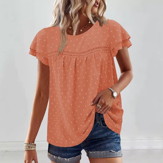 SKIYLEVZ Women's Short Sleeve V-Neck Top Casual Ruffle Detail Blouse Loose Fit Tunic Shirt for Summer Daily Wear Summer Vacation Beach Fashion Orange S