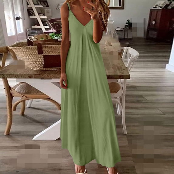 SKIYLEVZ Women's Spaghetti Strap Maxi Dress Crisscross Backless Long Dress Sleeveless Flowy Summer Beach Dress Green M