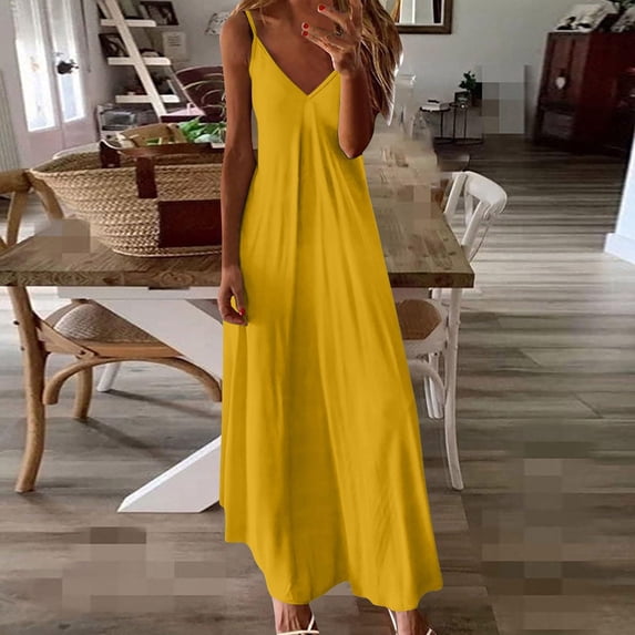 SKIYLEVZ Women's Spaghetti Strap Maxi Dress Crisscross Backless Long Dress Sleeveless Flowy Summer Beach Dress Yellow XL