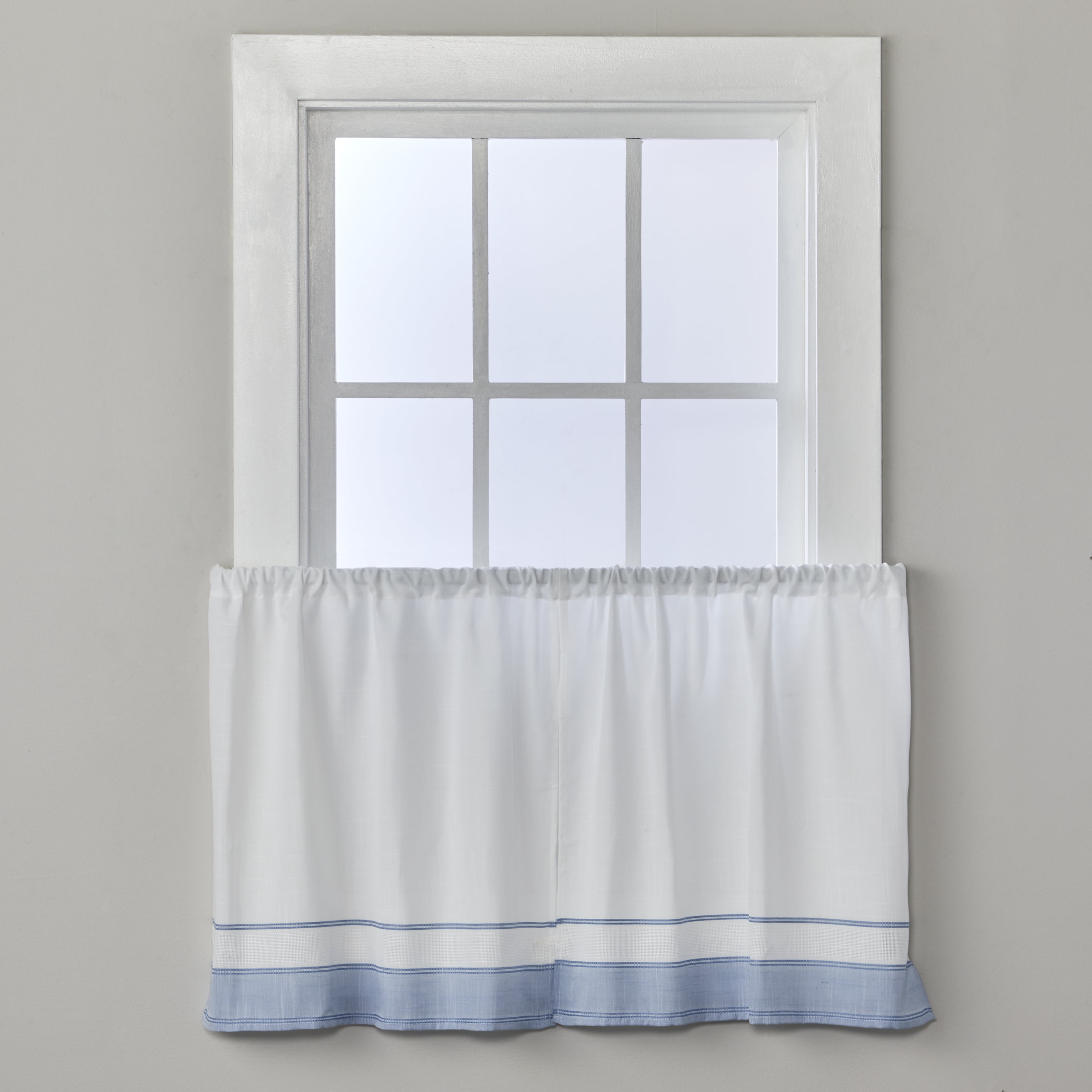 Lightweight Blue and White Polyester Rod Pocket Window Tiers