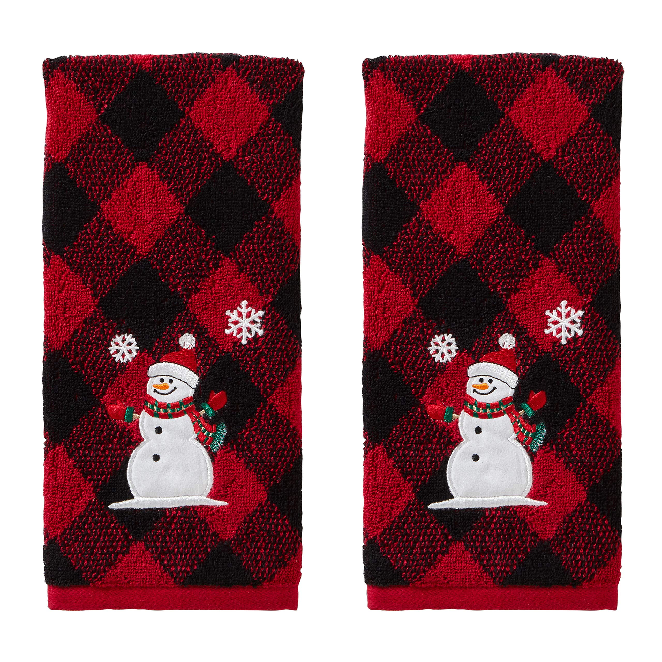 Red Buffalo Plaid Snowman Cotton Microfiber Hand Towels, 2-Piece Set
