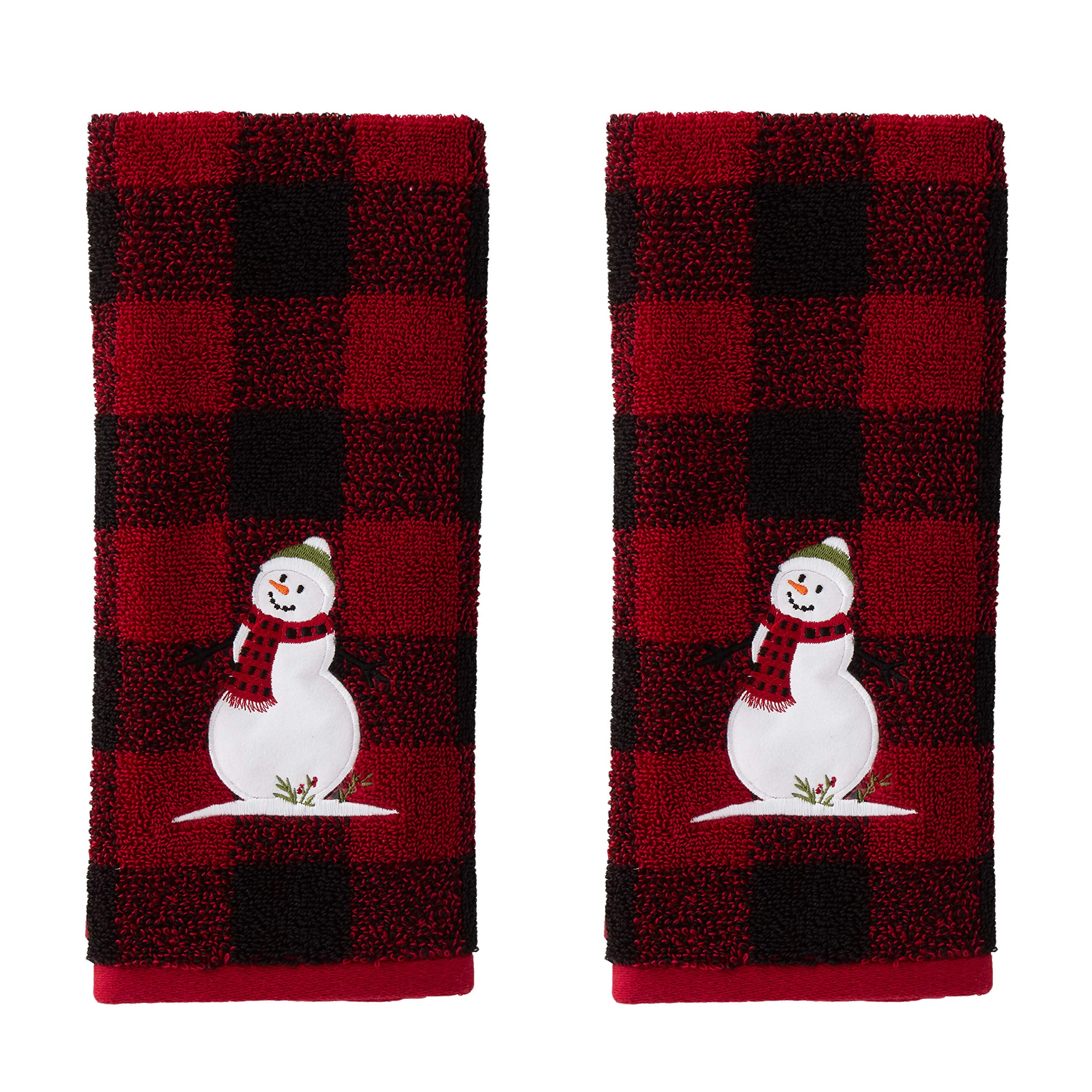 Red Buffalo Plaid Snowman Cotton Microfiber Hand Towels, 2-Piece Set