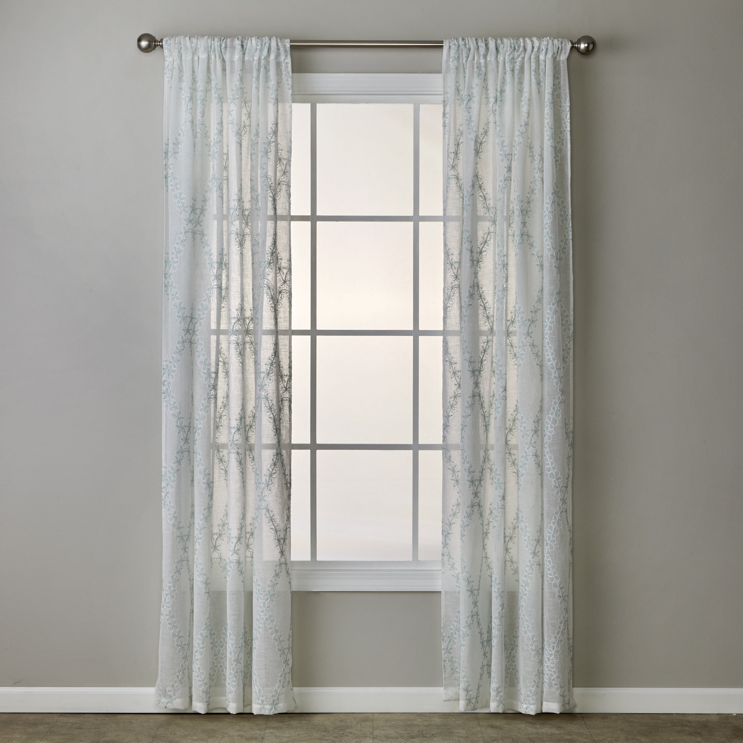 White Sheer Polyester Diamond Vine Rod Pocket Curtain Panel