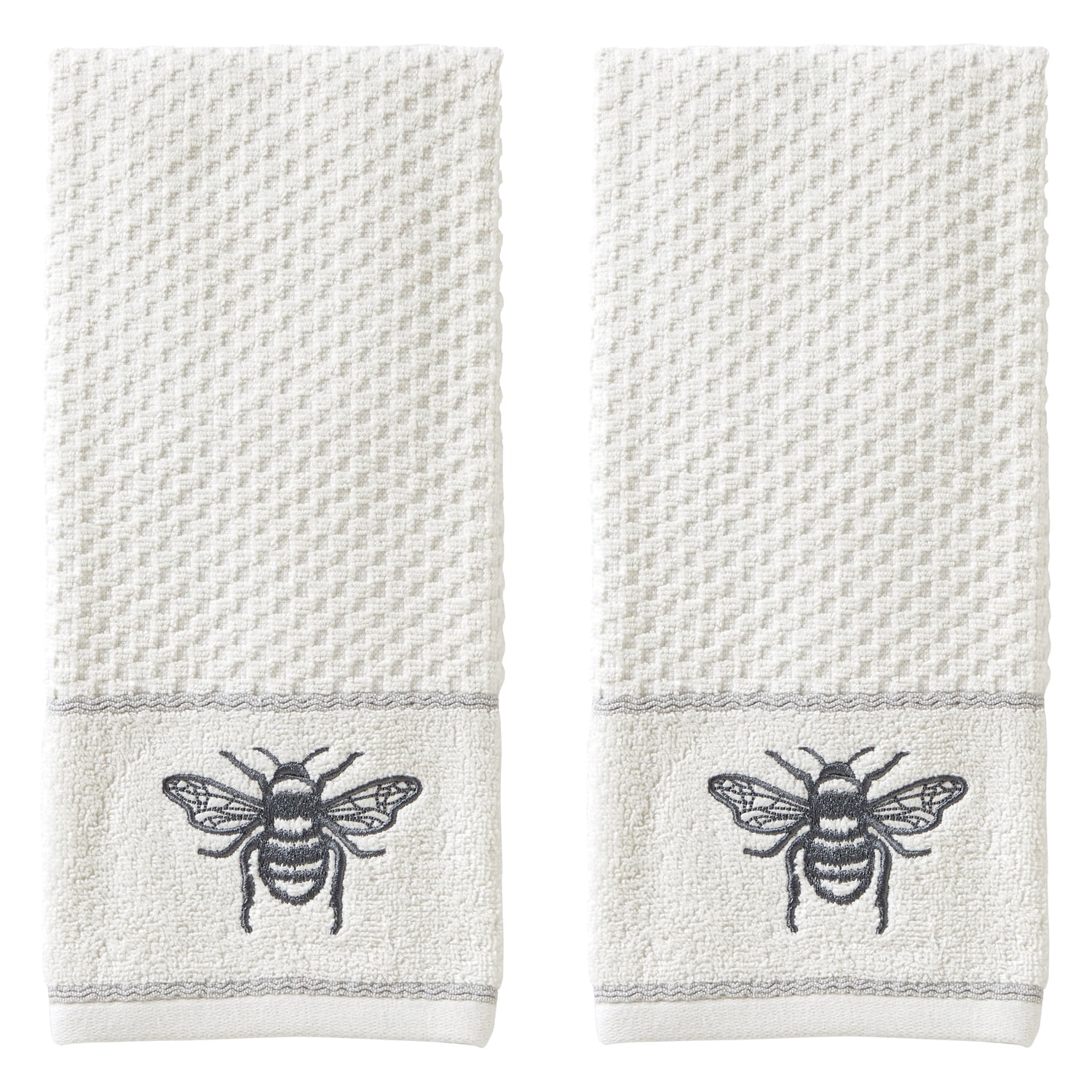 Farmhouse White Cotton Hand Towels with Embroidered Bumble Bee