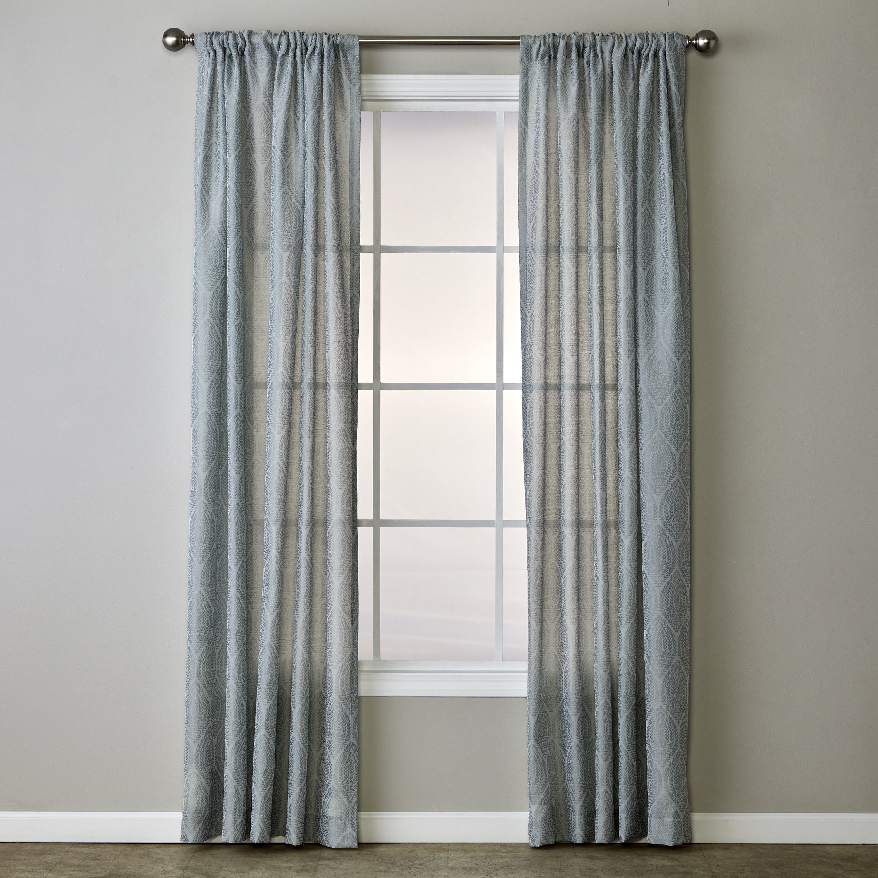 Blue Damask Light-Filtering Polyester Rod Pocket Curtain Panel