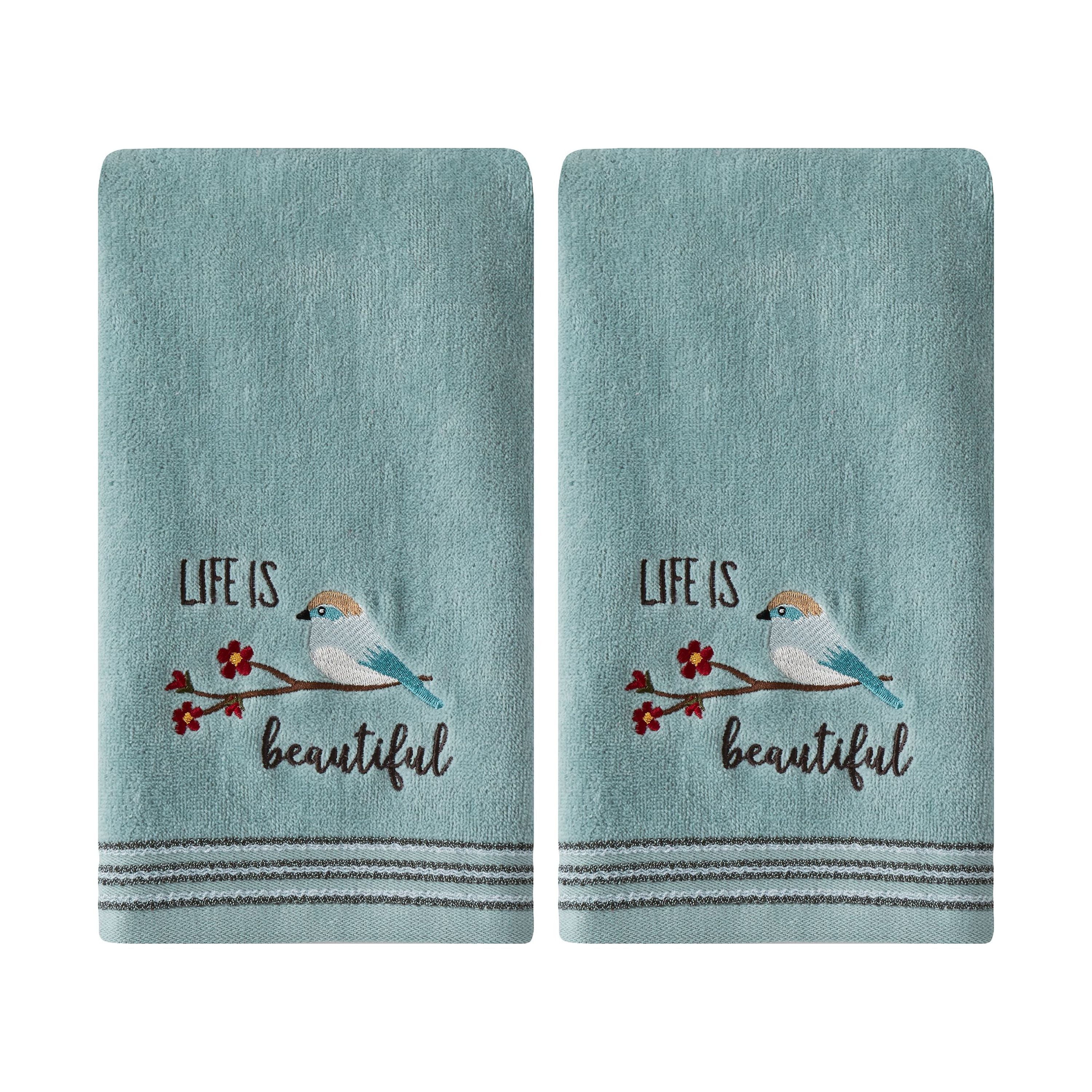 Aqua Cotton Embroidered Life Is Beautiful Hand Towels Set