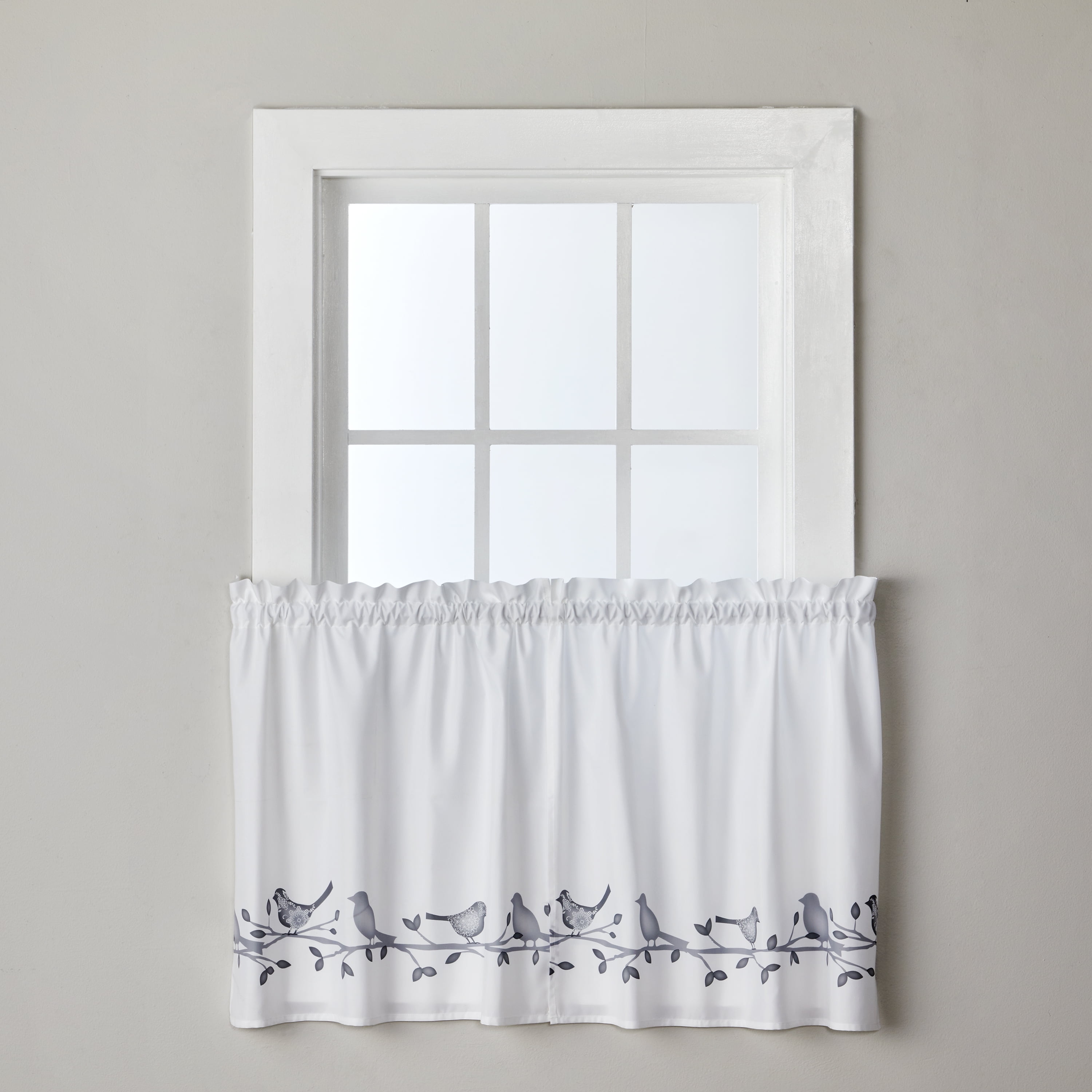 Gray Polyester Birds on Branch Rod Pocket Tier Curtains