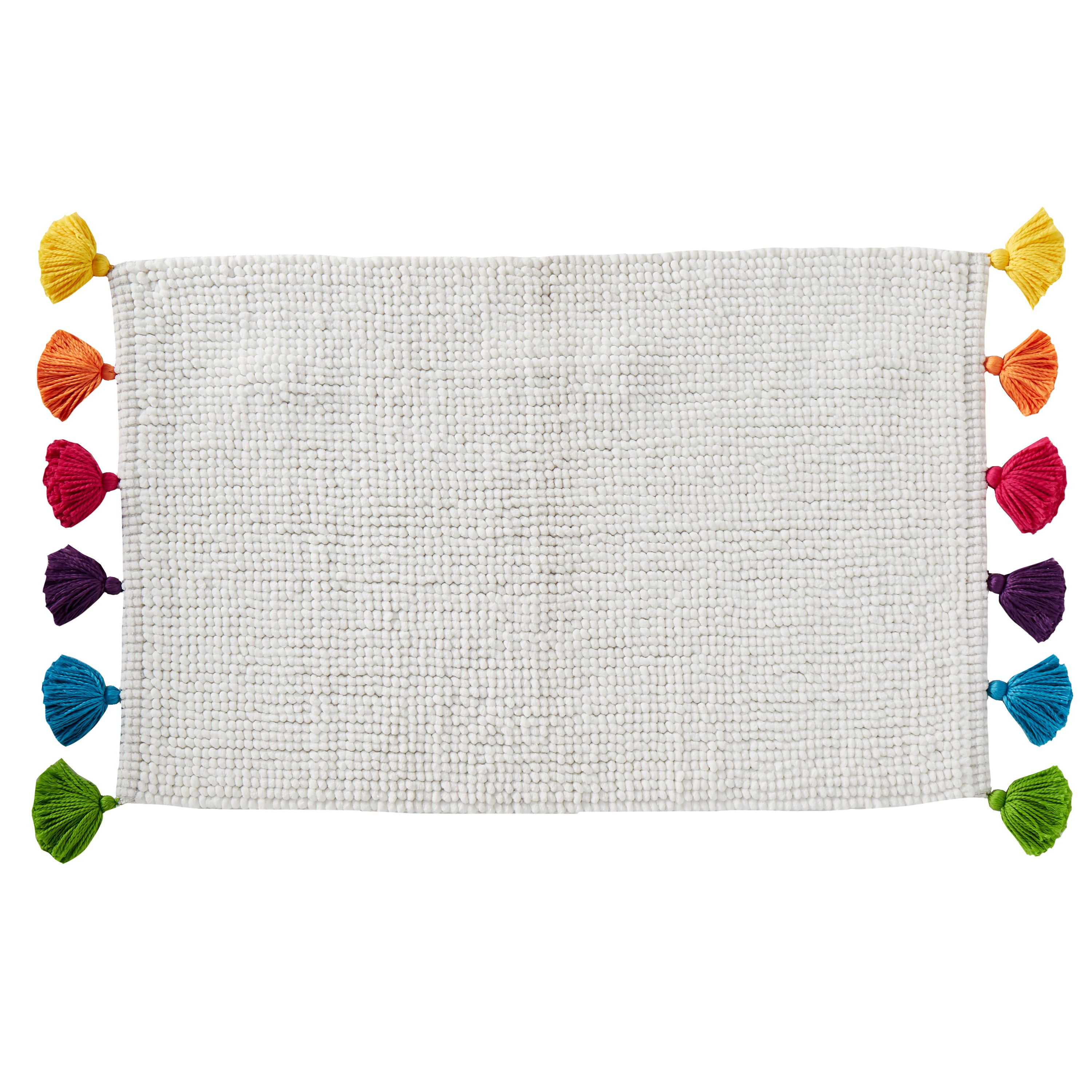 White Chenille Bath Rug with Multicolored Tassels, 20" x 30"