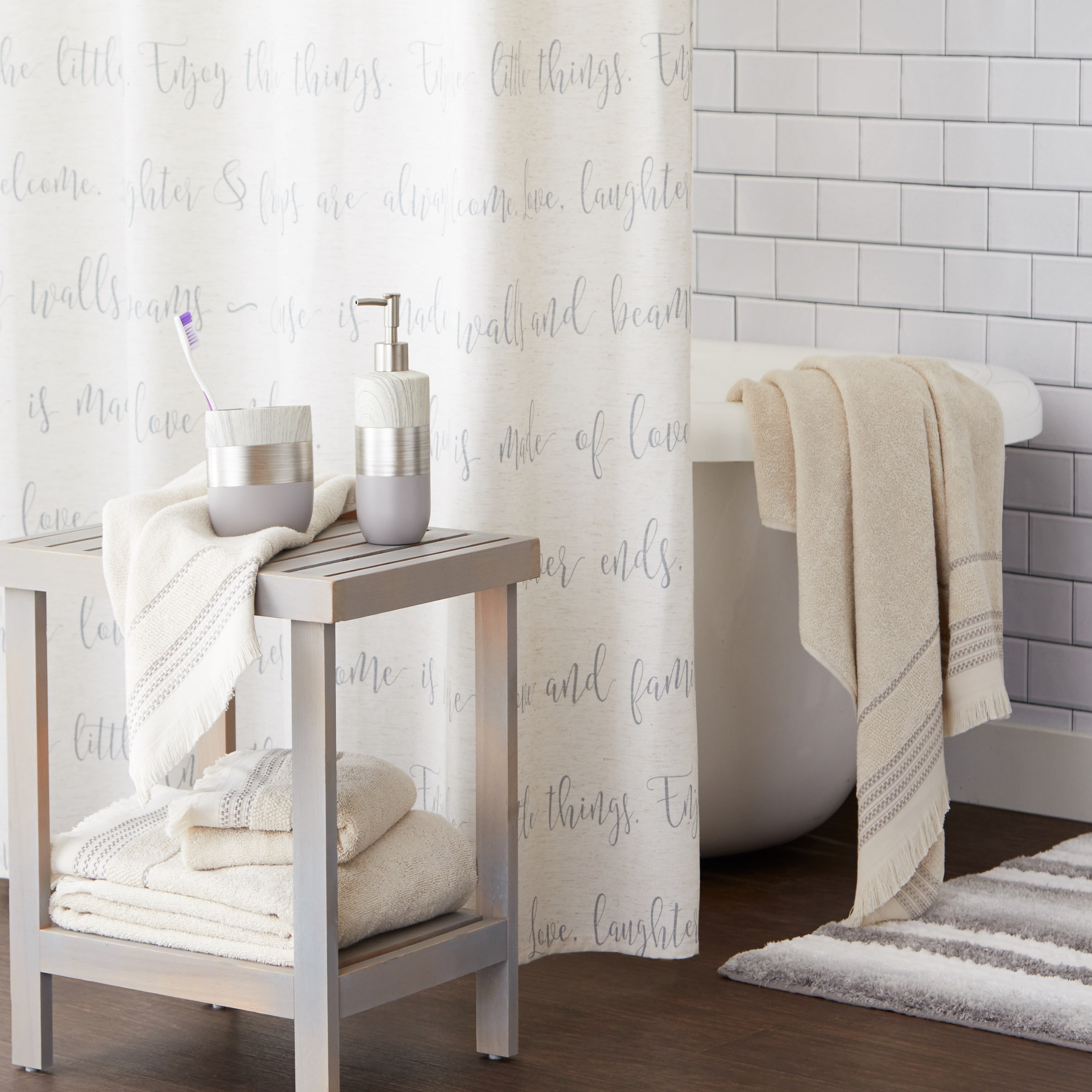 Family Dreams Gray Linen Slub-Weave Fabric Shower Curtain