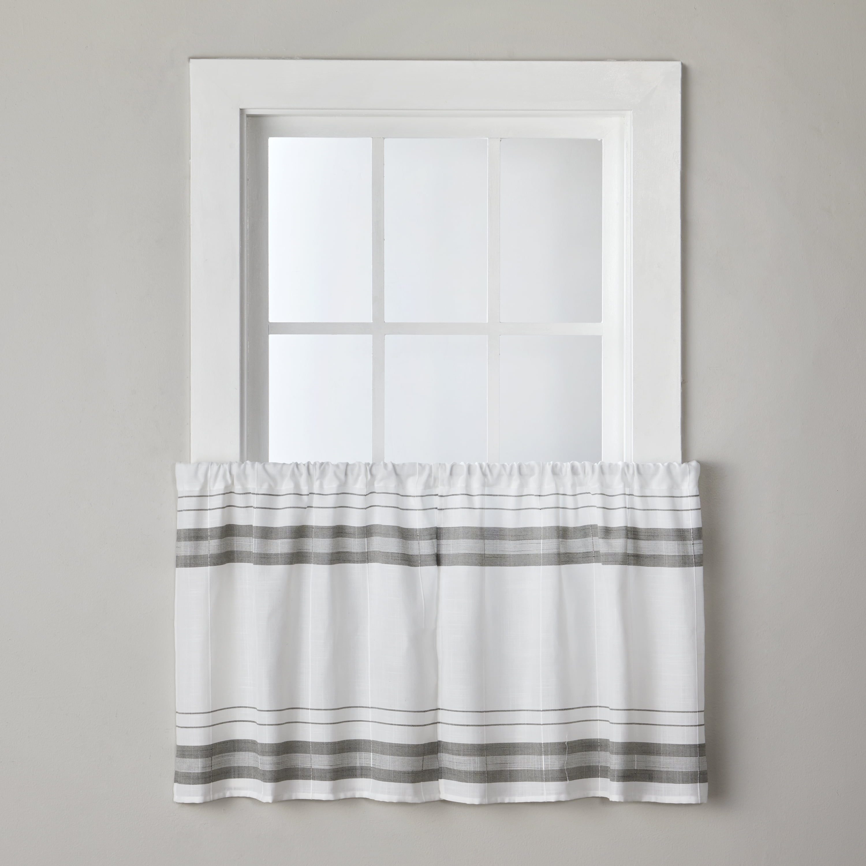 White and Gray Striped Polyester Rod Pocket Window Tiers
