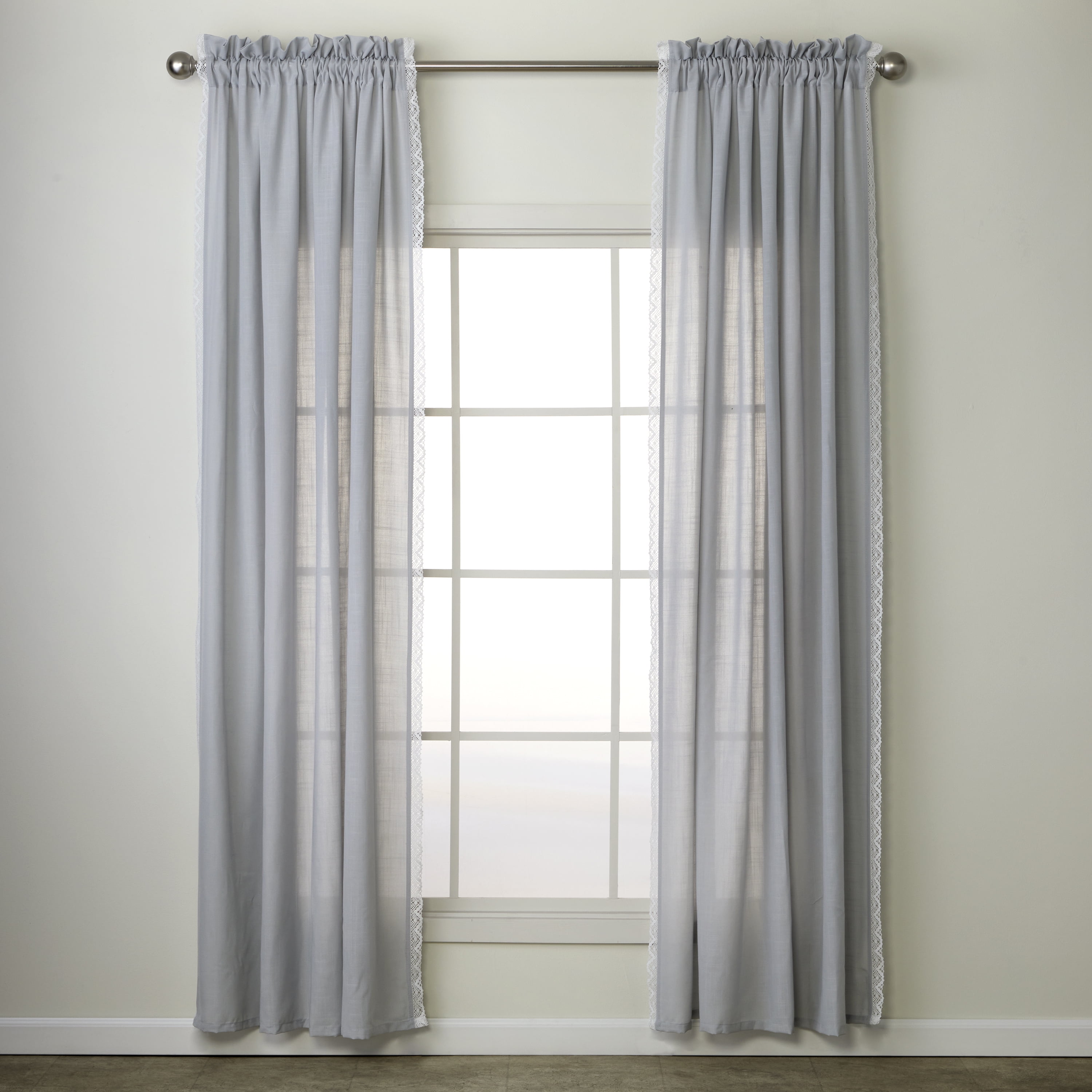 Silver Sheer Lace Detail Rod Pocket Window Curtain Panels, 84" Length