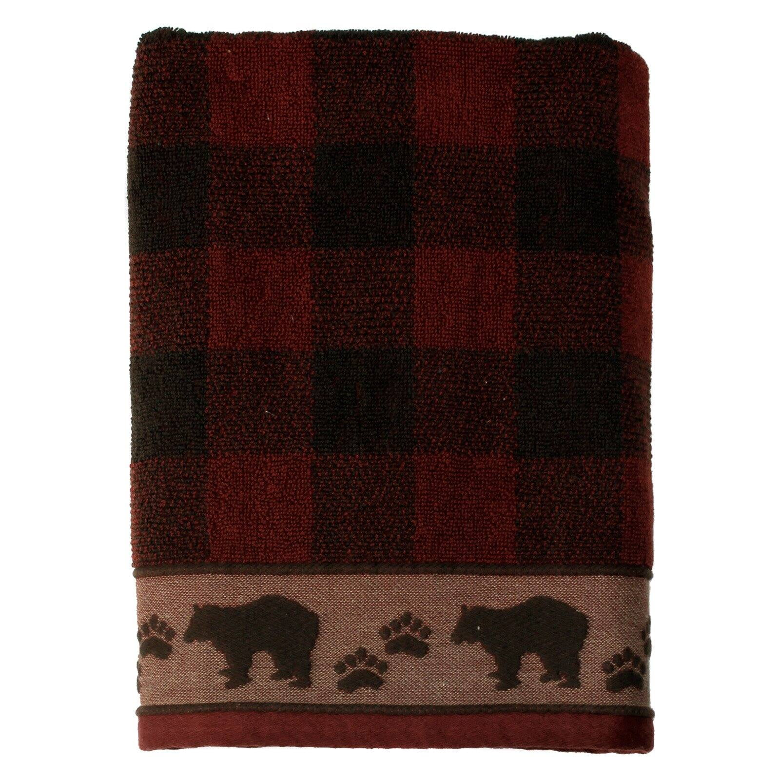 Red and Black Plaid Cotton Bath Towel with Bear Print