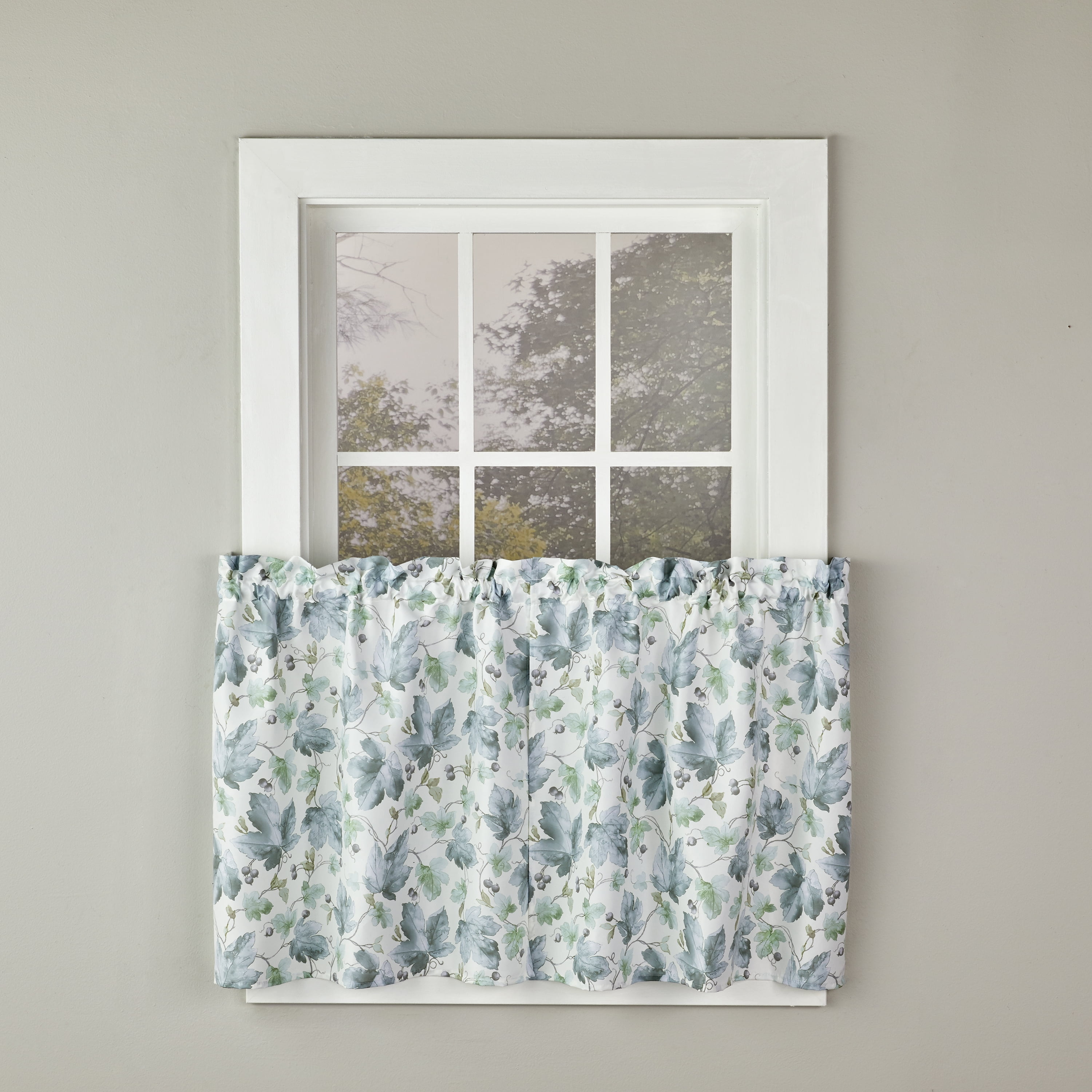 Blue Polyester Falling Leaves Light-Filtering Kitchen Window Tier Pair