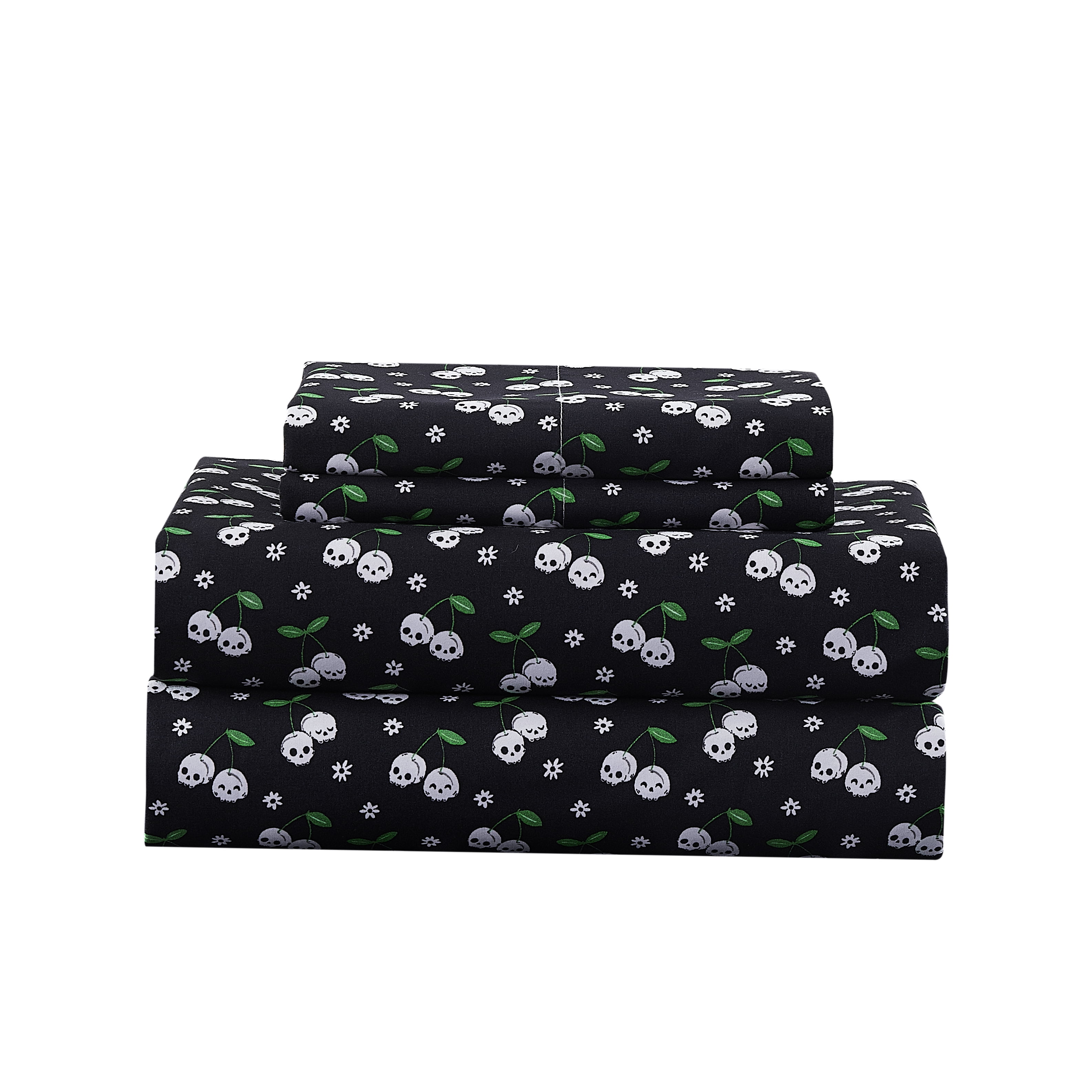 Summerween Soft Microfiber Sheet Set, Black & White Skull Cherries, King