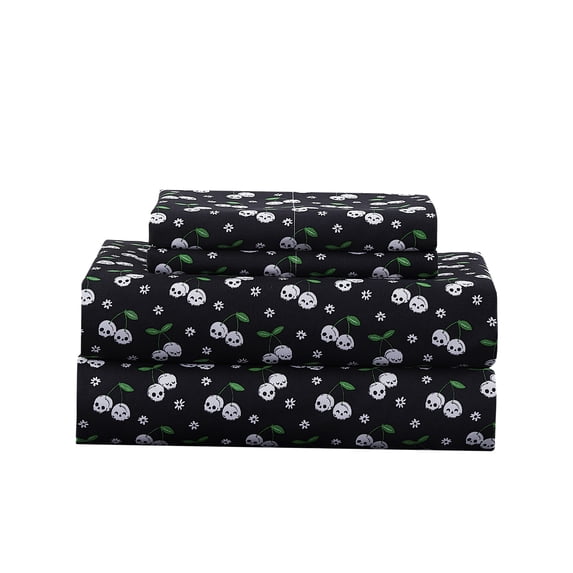 Summerween Crafted by Catherine Microfiber Sheet Set, King, 4-Piece, Black & White Skull Cherries