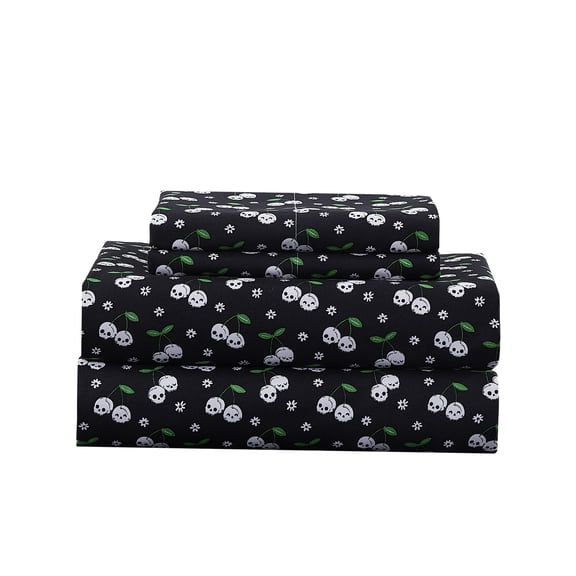 Summerween Soft Microfiber Sheet Set, Black & White Skull Cherries, Queen