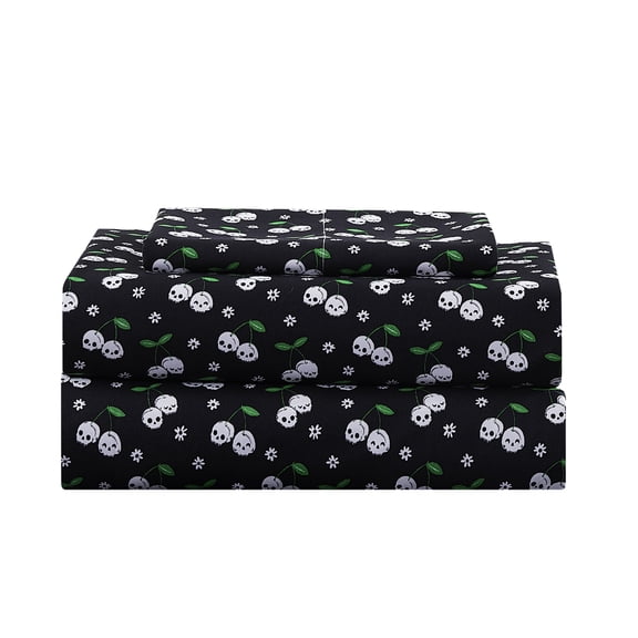 Summerween Soft Microfiber Sheet Set, Black & White Skull Cherries, Twin-XL