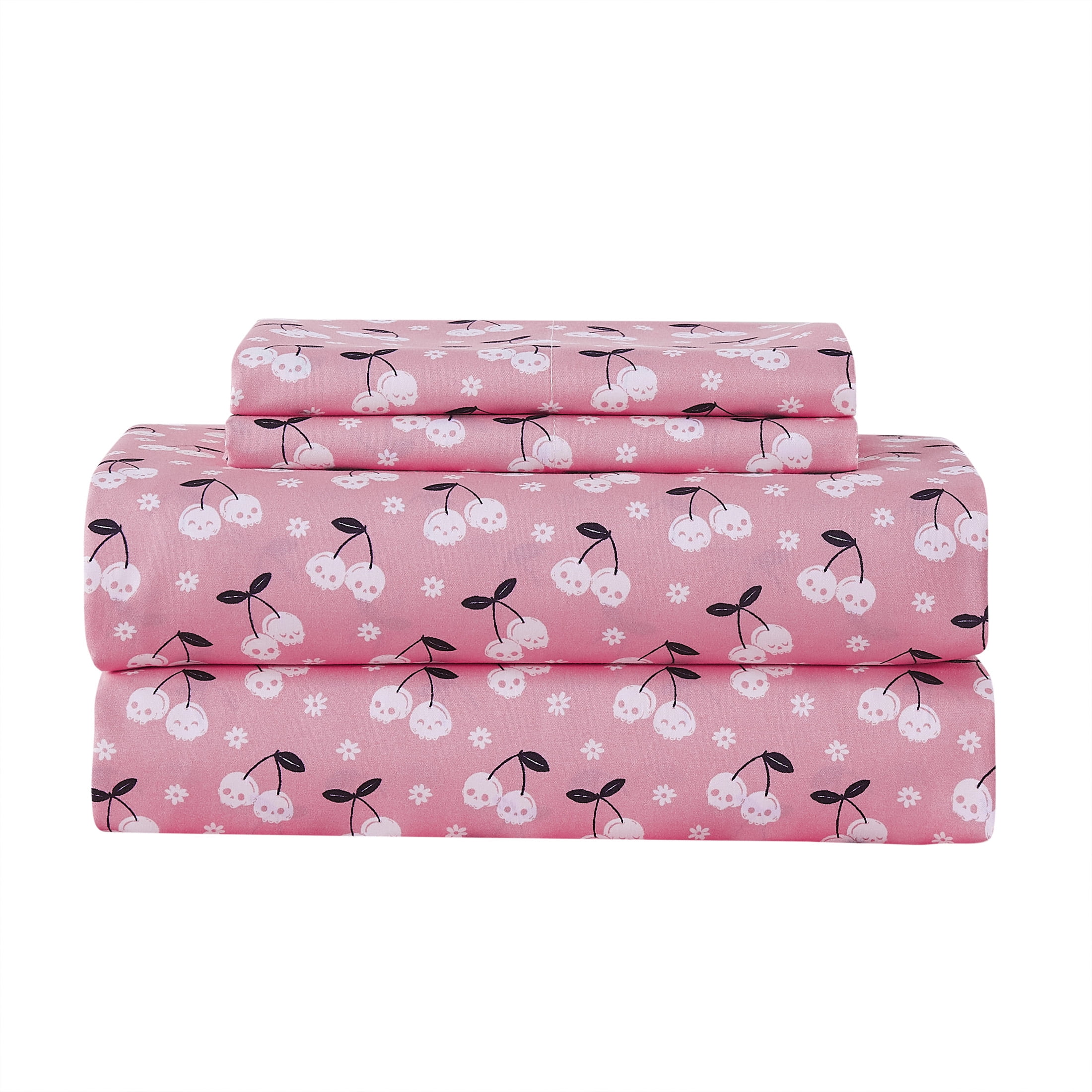 Summerween Soft Microfiber Sheet Set, Pink & White Skull Cherries, Queen