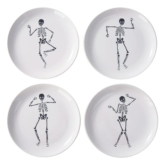 Way to Celebrate Halloween 4Pk Ceramic Dancing White Skeleton Appetizer Plates