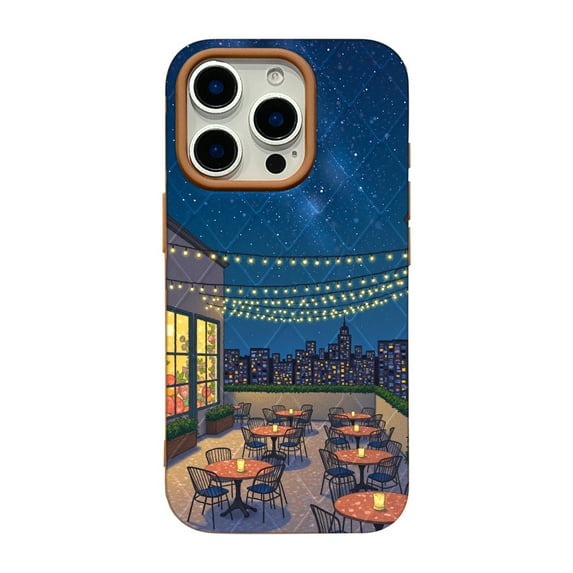 SKLYDDI Multicolor Calming Rooftop Night Scene for iPhone 16 Pro Max Case - Illustrated City View, String Lights, Sky, TPU, Flexible, Aesthetic Cute