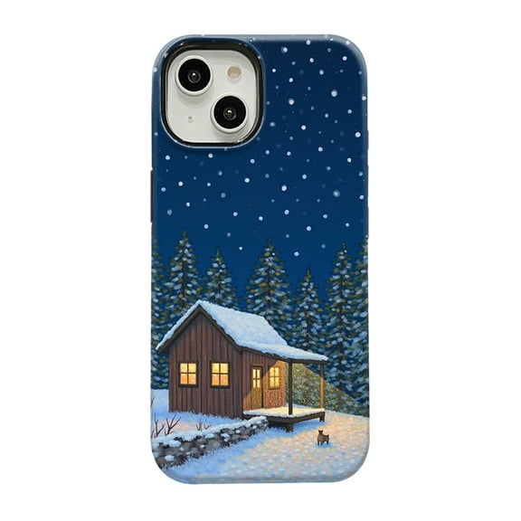 SKLYDDI Multicolor Cozy Night Forest for iPhone 16 Pro Max Case - Snowfall, Cabin, Folk Art Style, Pointillist, TPU Flexible Cover, Aesthetic Cute