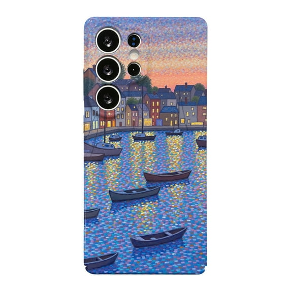 SKLYDDI Multicolor Serene Sunset Harbor for Galaxy S25 Ultra Case - Boats, Houses, Pointillist Design, TPU, Flexible, Aesthetic
