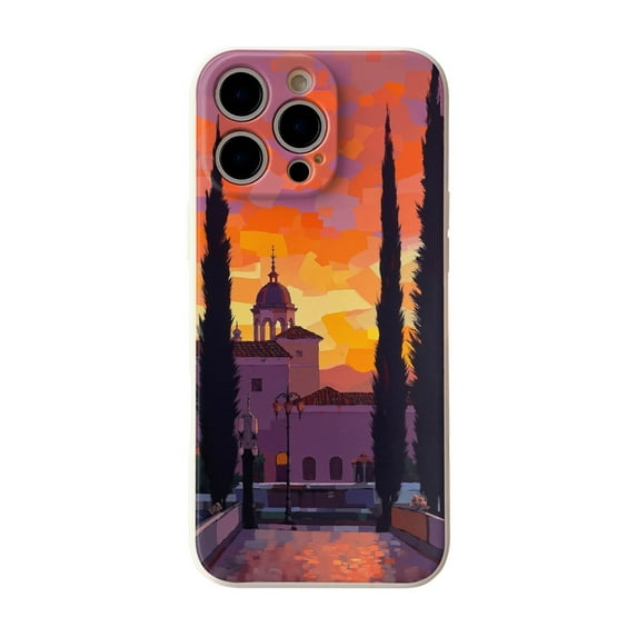 SKLYDDI Multicolor Sunset Post-Impressionism for iPhone 16e Case - Majestic Building, Tall Trees, Lampposts, Vibrant Hues, TPU Flexible Cover, Aesthetic Cute Design