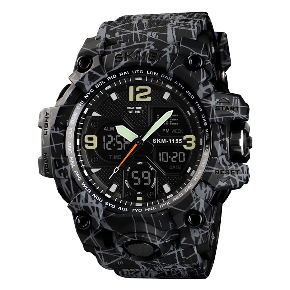 SKMEI 1155B Quartz Digital Electronic Men Watch Fashion Casual Outdoor Sports Male Wristwatch Dual Time Date Week Chrono Alarm 5ATM Waterproof