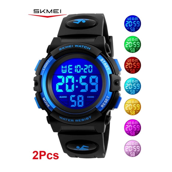 SKMEI 2Pcs Set Digital Watch, Sport Waterproof LED Watch with Alarm Stopwatch for Ages 5-7-10-12, PU Strap