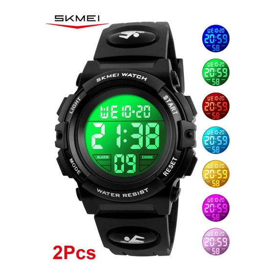 SKMEI 2Pcs Set Digital Watch, Sport Waterproof LED Watch with Alarm Stopwatch for Ages 5-7-10-12, PU Strap