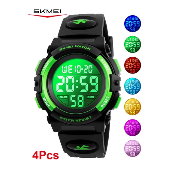 SKMEI 4Pcs Set Digital Watch, Sport Waterproof LED Watch with Alarm Stopwatch for Ages 5-7-10-12, PU Strap