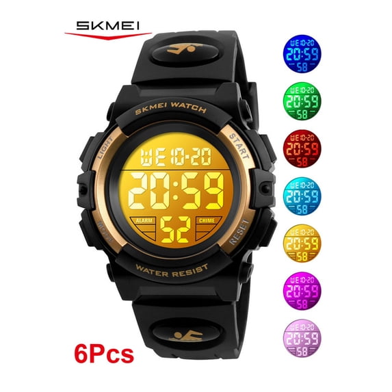 SKMEI 6Pcs Set Digital Watch, Sport Waterproof LED Watch with Alarm Stopwatch for Ages 5-7-10-12, PU Strap