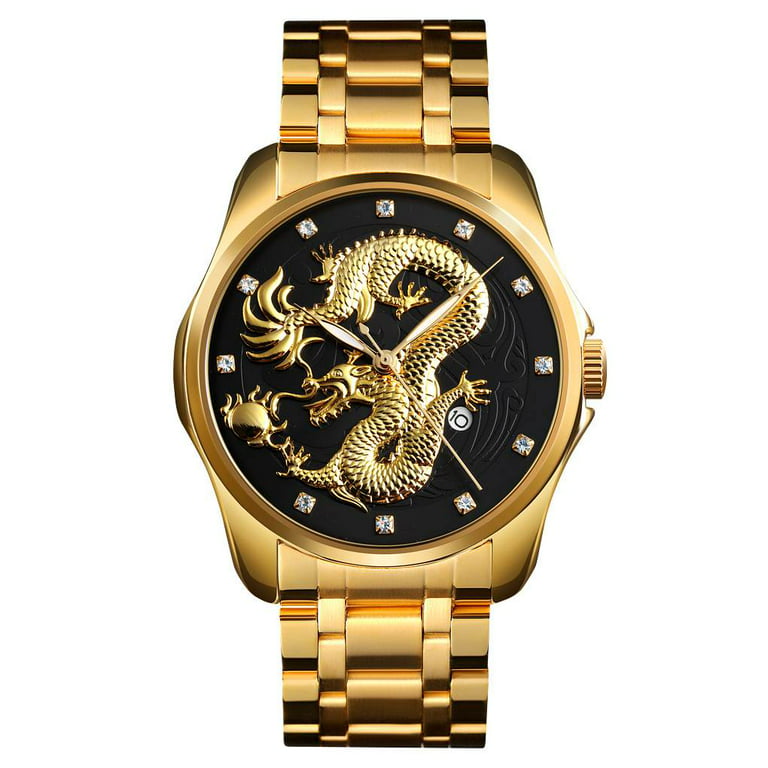 SKMEI Luxury Golden Men Quartz Watch Chinese Dragon Pattern Waterproof Male  Wristwatch Montre homme Relógio de homem Clock 