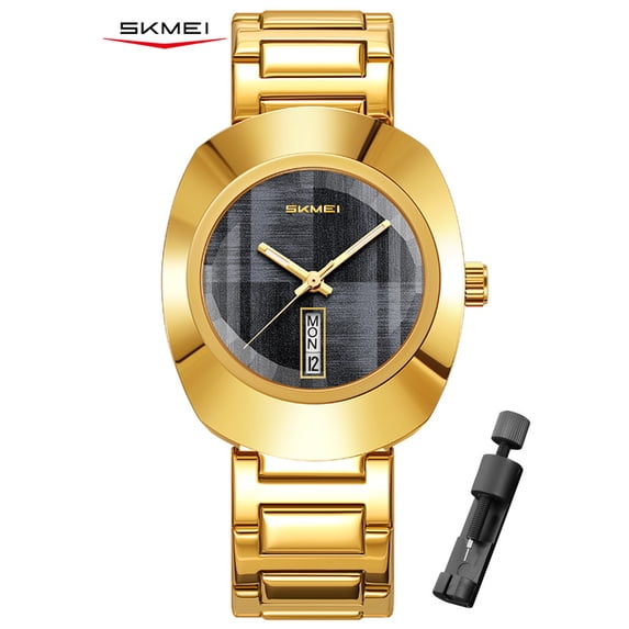 SKMEI Men's Analog Watch, Oval Stainless Steel Bracelet Quartz Wristwatch with Day and Date Display