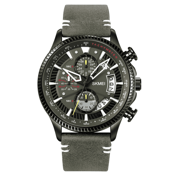 Explojoy Men's Chronograph Leather Watch – Big Face Analog Sport Timepiece with Waterproof & Luminous Date Display