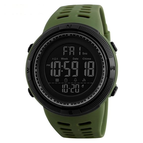 Explojoy Men's Digital Sport Watch – Waterproof Military Wristwatch with Alarm, LED Backlight, Large Face, Army Green