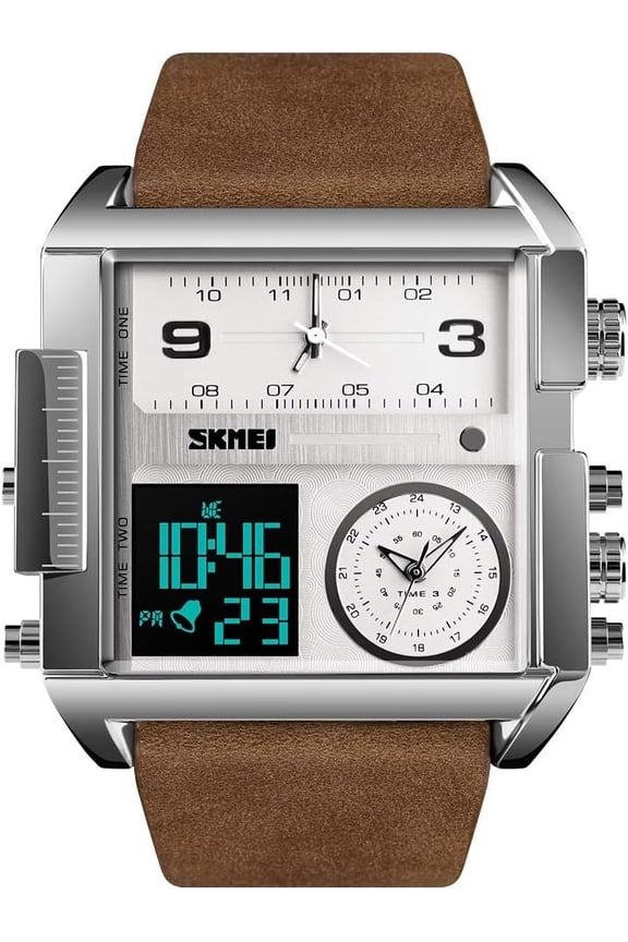 SKMEI Men's Digital Sports Watch, LED Square Large Face Analog Quartz Wrist Watch with Multi-Time Zone Waterproof Stopwatch