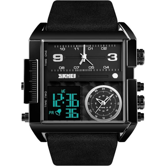 SKMEI Men's Digital Sports Watch, LED Square Large Face Analog Quartz Wrist Watch with Multi-Time Zone Waterproof Stopwatch