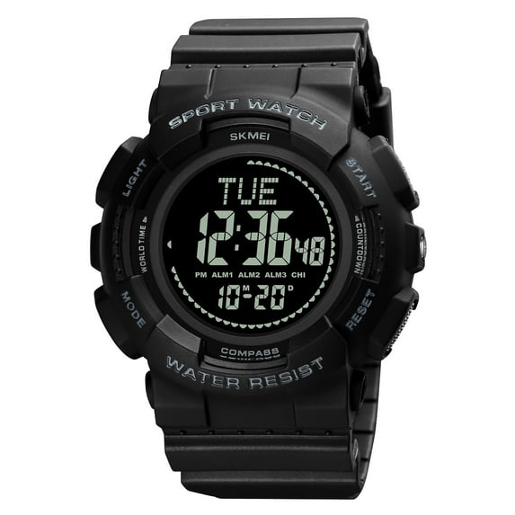 SKMEI Men's Military Waterproof Watch with Stop Watch, Compass Countdown EL Glow Sport Watch, Black
