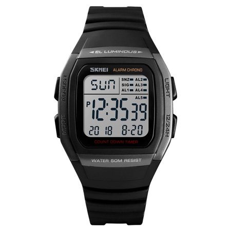 SKMEI Men's Square Digital Watch, Classic Multi-Function Waterproof Stopwatch Countdown Alarm Watch for Men-Black