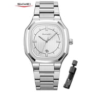 SKMEI Mens Watch Slim Polygonal Analog Quartz with Stainless Steel Bracelet and Date Display, Classic Business Wristwatch Style