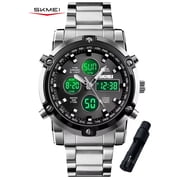 SKMEI Mens Wrist Watch, Waterproof Military Analog Digital Watches with LED Multi Time Chronograph, Stainless Steel Business Quartz Watches for Men