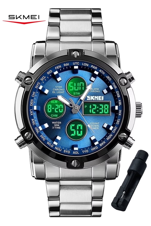 Mens Wrist Watch, Waterproof Military Analog Digital Watches with LED Multi Time Chronograph, Stainless Steel Business Quartz Watches for Men