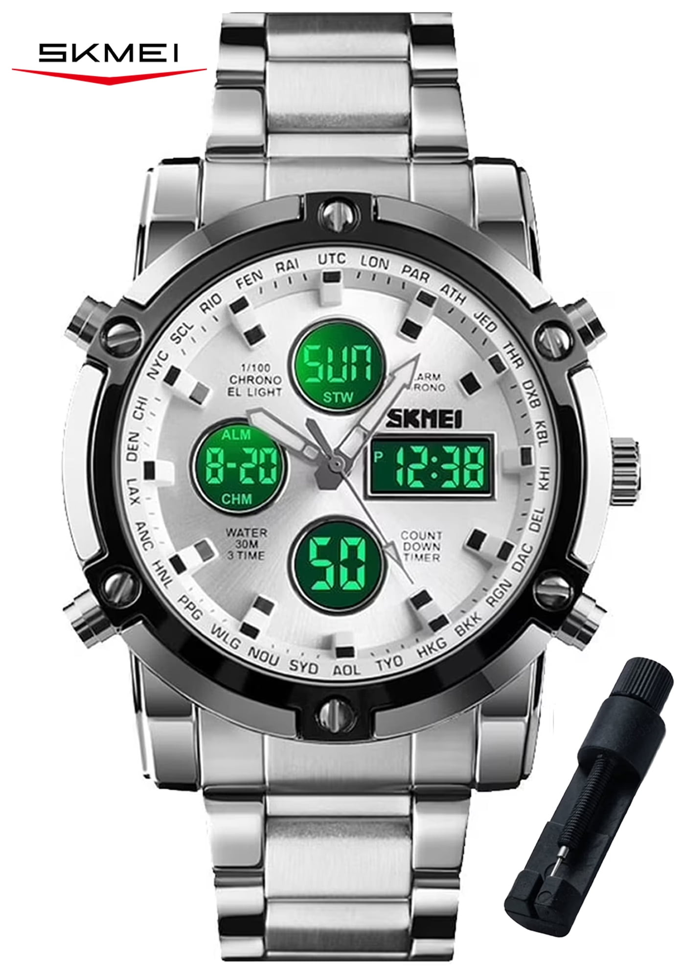 SKMEI Mens Wrist Watch, Waterproof Military Analog Digital Watches with LED Multi Time Chronograph, Stainless Steel Business Quartz Watches for Men